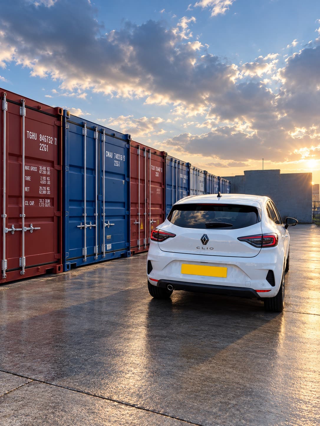 A car parked directly alongside a row of Containastore containers